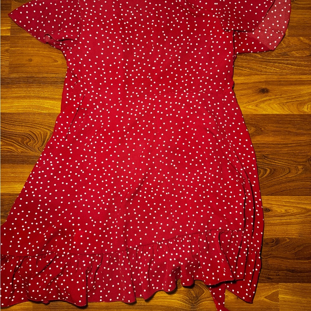 White Polka Dot Short Sleeve Red Ruffle Mini Wrap Dress - Picture 7 of 9